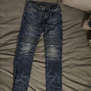 American Eagle Outfitters Blue Skinny Jeans with Distressed Details